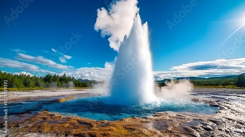 Powerful geothermal geyser erupting from the earth capturing the untamed forces and raw energy of nature s unrelenting geothermal power in a stunning display of water steam and natural drama