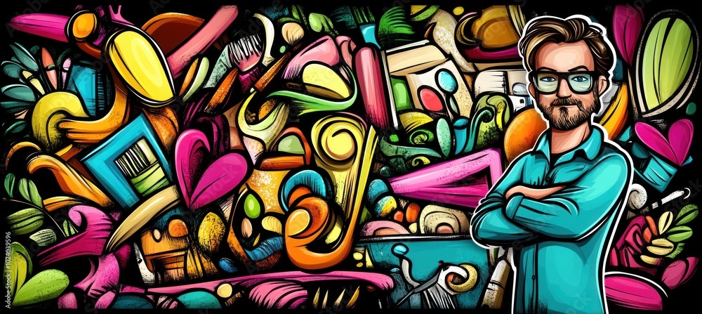 A colorful abstract background with a man in glasses, combining creativity and design elements.