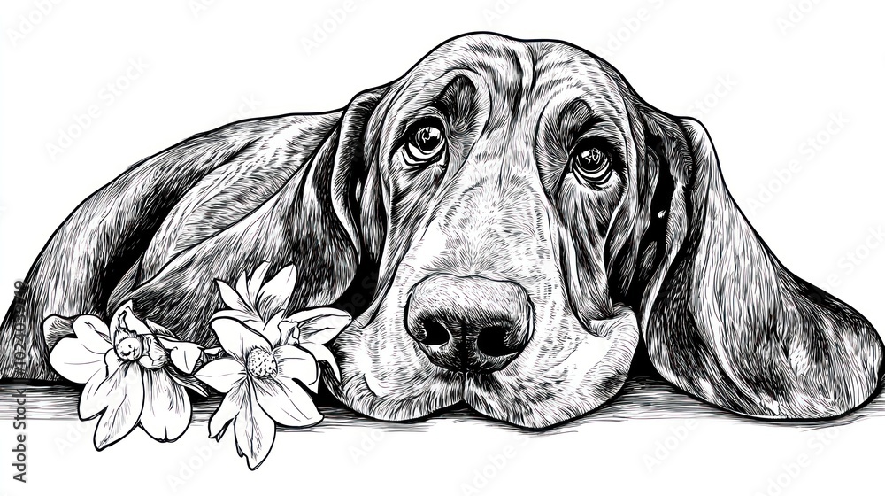 A detailed sketch of a dog resting its head, surrounded by flowers, conveying a sense of calm. A detailed sketch of a dog resting its head, surrounded by flowers, conveying a sense of calm.