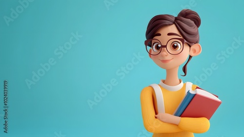 Smiling cartoon girl student with books looking to the side against blue background.