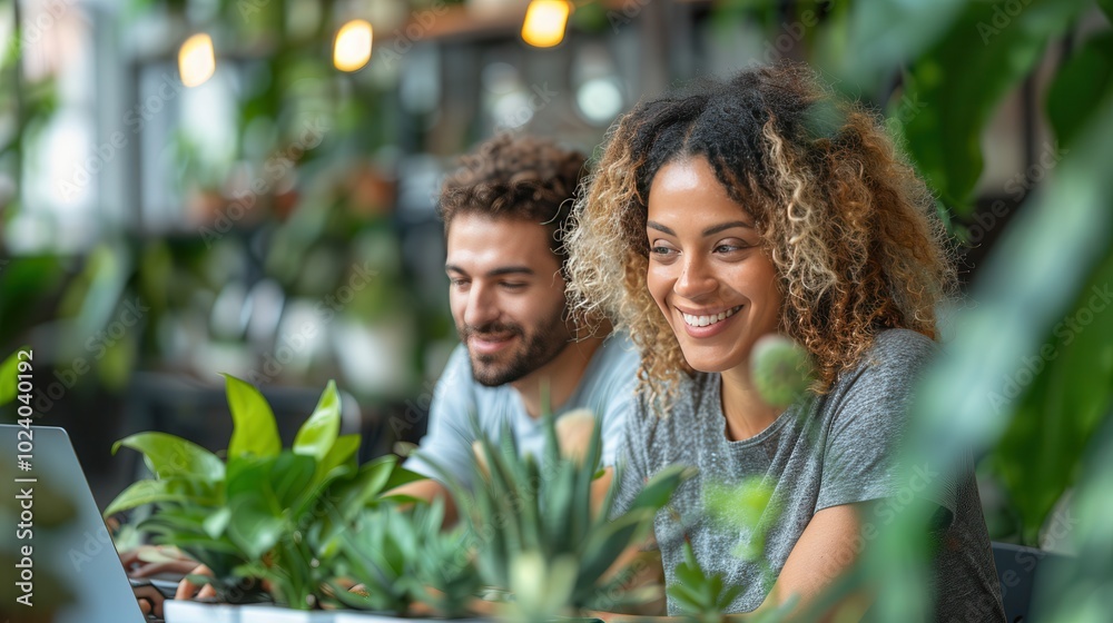 Happy Team Working in a Green Indoor Space Happy Team Working in a Green Indoor Space