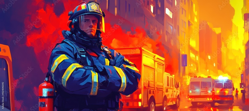 A firefighter stands confidently amidst a fiery urban scene, ready to respond to emergencies. A firefighter stands confidently amidst a fiery urban scene, ready to respond to emergencies.