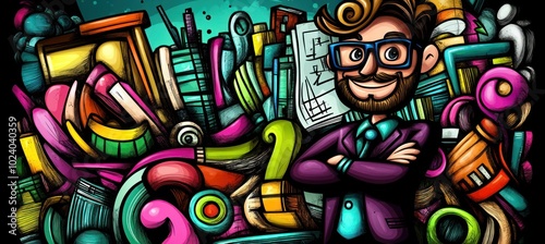 A colorful, whimsical illustration of a smiling man surrounded by various creative objects.