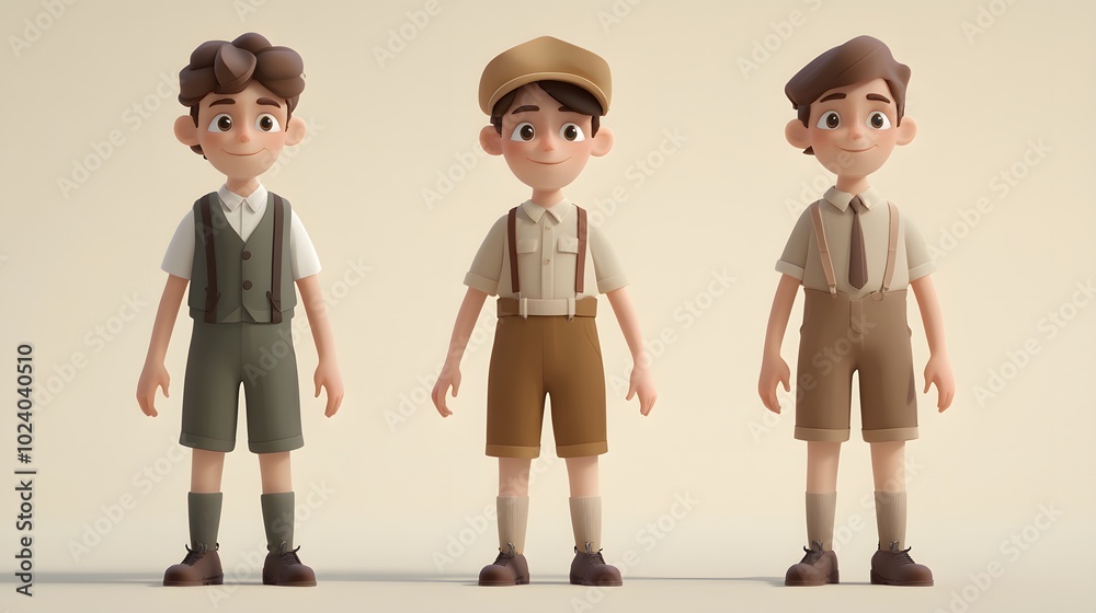 Naklejka premium Three cartoon boys in vintage clothing standing side by side on a plain background.