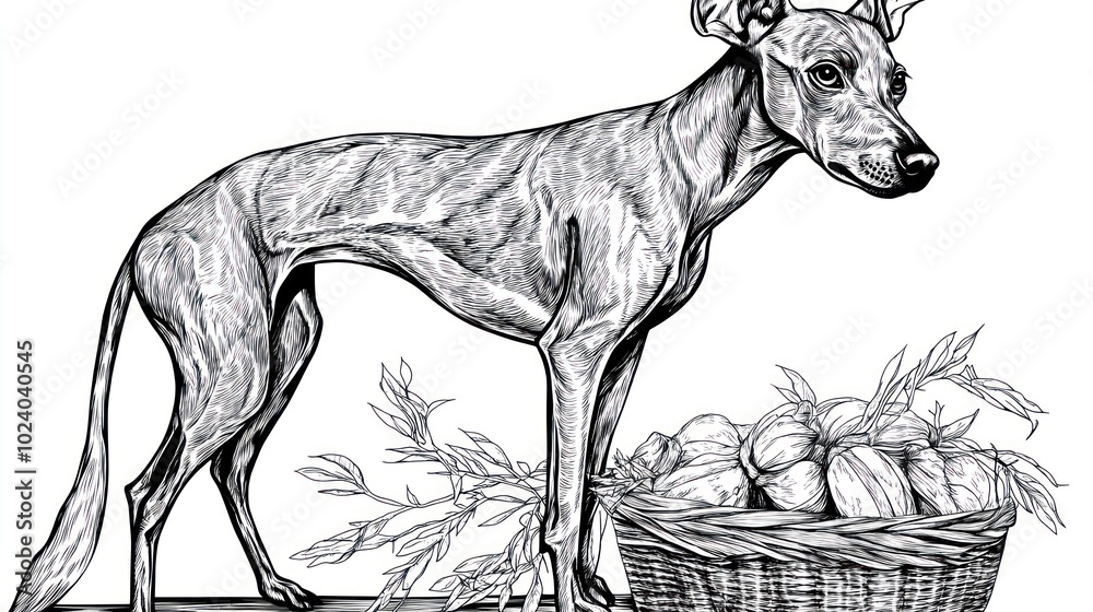 Fototapeta premium A stylized illustration of a dog beside a basket of vegetables.