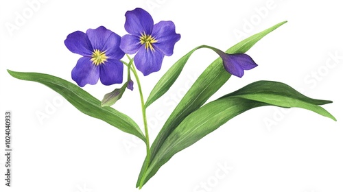 A close-up depiction of a vibrant Spiderwort flower in full bloom, showcasing its delicate, three-petal structure with bright purple petals and vivid yellow stamens. 