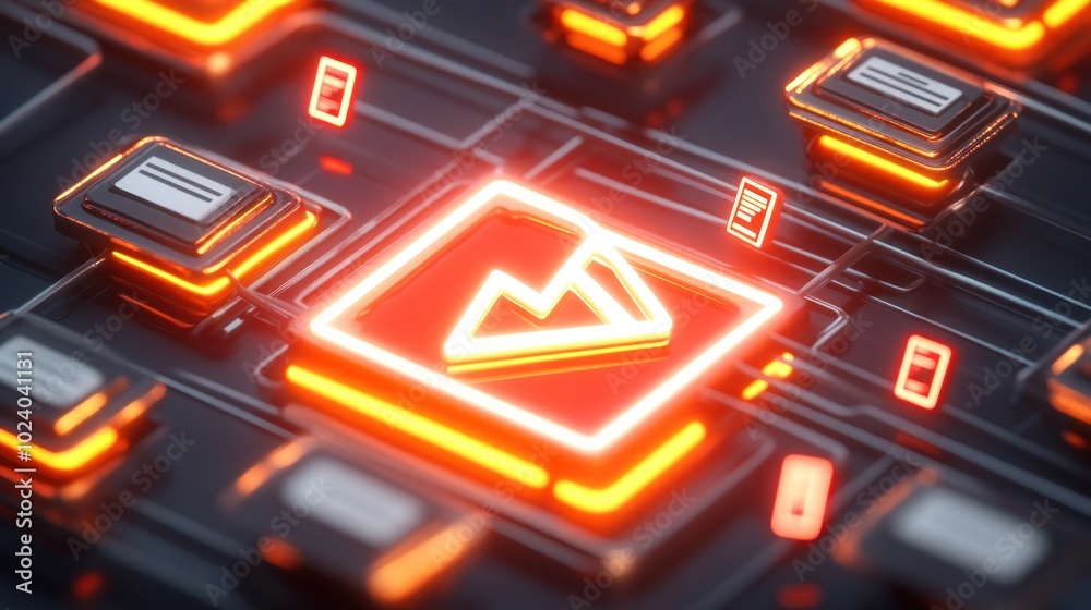 Obraz premium Abstract digital circuitry with glowing elements symbolizing technology and innovation.