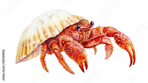 A vibrant illustration of a hermit crab showcasing its detailed shell and claws against a white background. photo