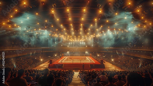 Dramatic Arena with Lights and Audience Watching Event