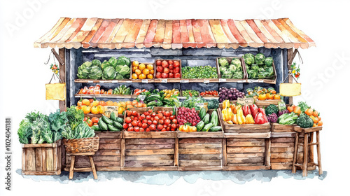 A vibrant market stall brimming with fresh fruits and vegetables, showcasing colorful produce in a rustic wooden display.