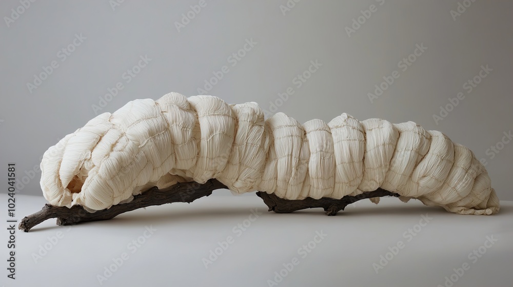 White Fabric Sculpture on Branch: Contemporary Textile Art