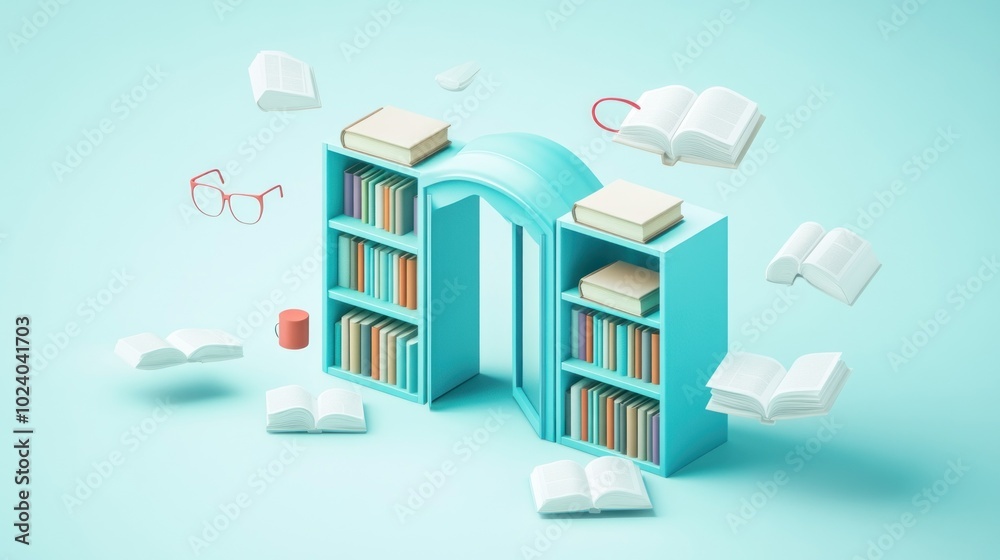 Fototapeta premium A whimsical library scene with floating books and glasses, symbolizing knowledge and imagination.