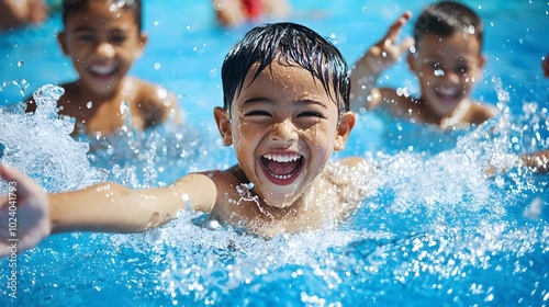 Diverse group of children from different backgrounds playing and splashing together in a swimming pool with a vibrant active top view scene focused on the fun laughter