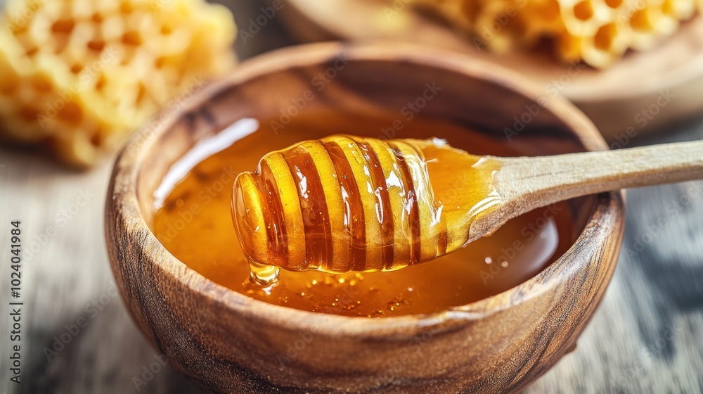 A wooden bowl filled with honey and a honey dipper, showcasing natural sweetness. A wooden bowl filled with honey and a honey dipper, showcasing natural sweetness.