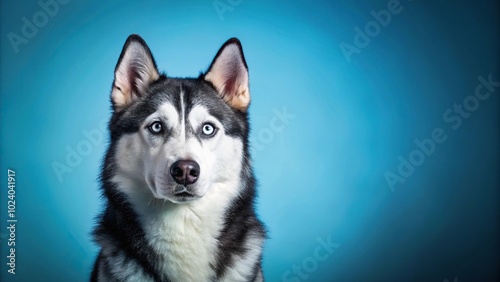 Husky standing on light blue background in wide-angle shot