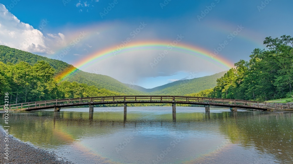A serene landscape featuring a wooden bridge and a vibrant rainbow over a tranquil lake. A serene landscape featuring a wooden bridge and a vibrant rainbow over a tranquil lake.