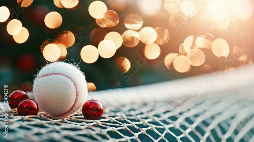 A Christmas cross and festive garlands on a tennis net during a holiday tournament.