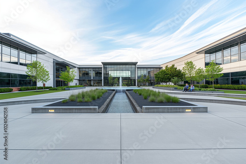 A Large Corporate Campus with a Waterfall in the Center and Lush Landscaping