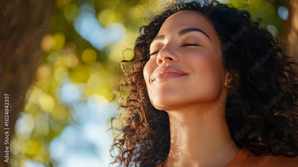 Close up of a woman smiling and inhaling deeply while hiking on a serene trail surrounded by lush trees and vibrant blue skies captured in a futuristic Close up of a woman smiling and inhaling deeply while hiking on a serene trail surrounded by lush trees and vibrant blue skies captured in a futuristic
