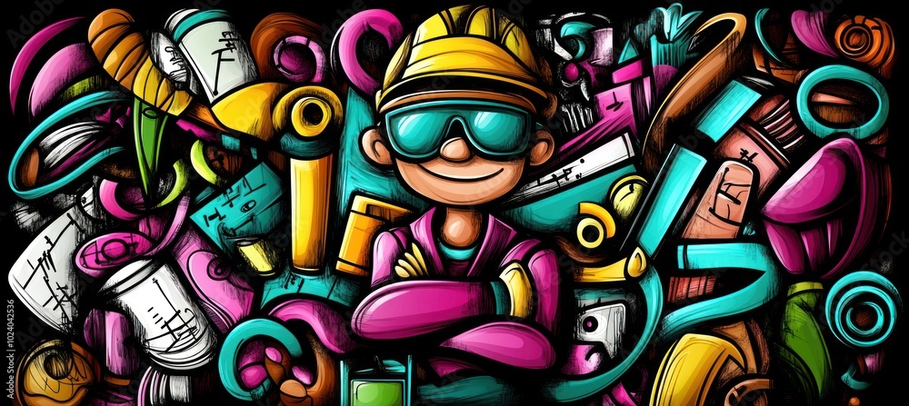 A cheerful cartoon character in a hard hat surrounded by colorful construction tools and materials.
