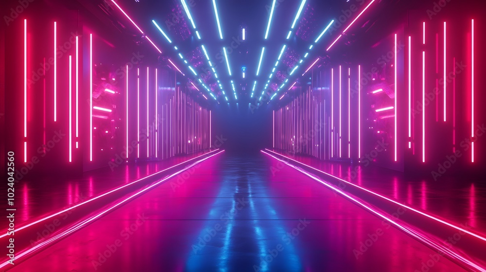 Background of empty show scene. Empty dark modern abstract neon background. Glow of neon lights on an empty stage, diodes, rays and lines. Lights of the night city. Background of empty show scene. Empty dark modern abstract neon background. Glow of neon lights on an empty stage, diodes, rays and lines. Lights of the night city.