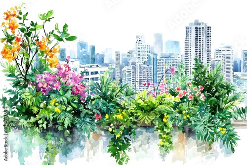 Wallpaper Mural Vibrant urban garden with colorful flowers against a city skyline, showcasing nature amidst modern architecture. Torontodigital.ca