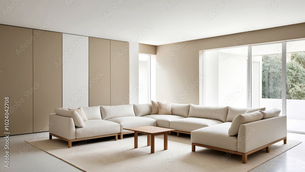 The minimalist living room is airy and spacious with a large white sofa and wooden coffee table. Large windows let in natural light The minimalist living room is airy and spacious with a large white sofa and wooden coffee table. Large windows let in natural light