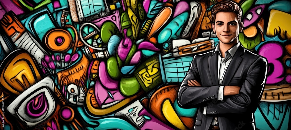 Fototapeta premium A confident individual poses against a vibrant, abstract background filled with colorful shapes.
