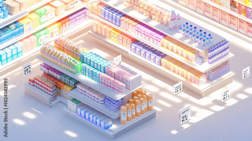 A vibrant supermarket shelf displaying various packaged beverages and dairy products. A vibrant supermarket shelf displaying various packaged beverages and dairy products.