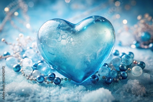 Ice cold blue heart with romantic decoration macro shot photo