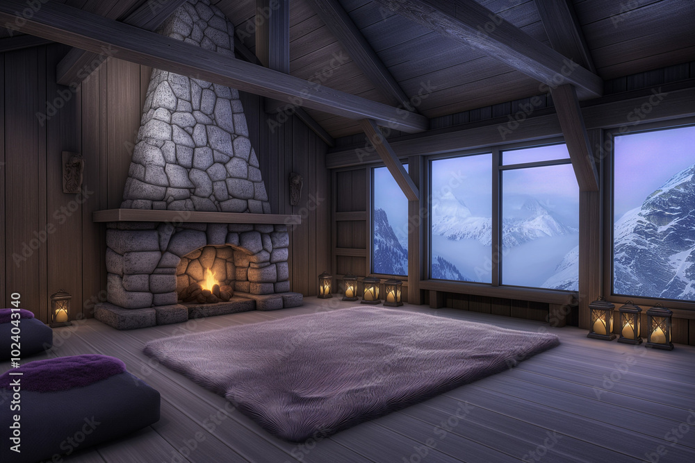 A Cozy Mountain Cabin Featuring a Large Stone Fireplace and Wooden Interior Accents A Cozy Mountain Cabin Featuring a Large Stone Fireplace and Wooden Interior Accents