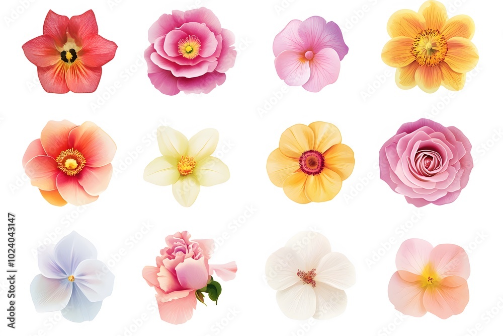Naklejka premium Collection of Twelve Watercolor-Style Flowers in Various Colors