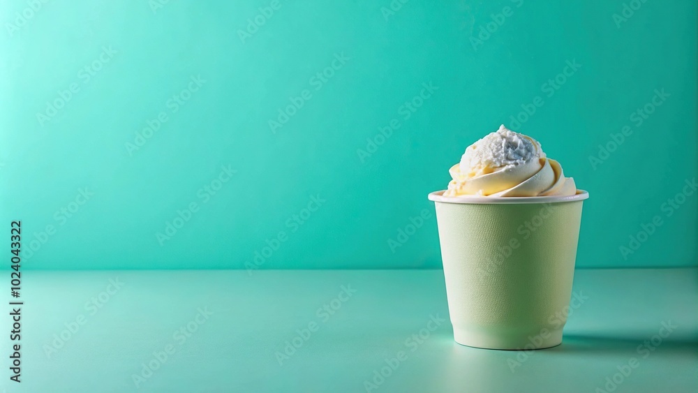 Ice cream in a paper cup on a light turquoise background minimalism Extreme Close-Up