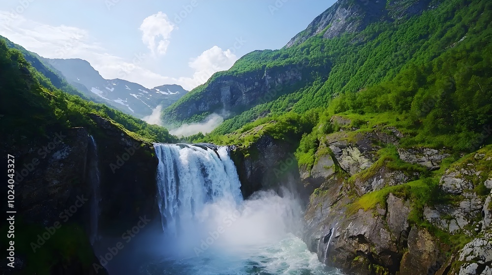 Majestic waterfall cascading down a rugged mountain with mist rising and sunlight reflecting off the powerful rushing waters showcasing the raw energy and beauty of nature