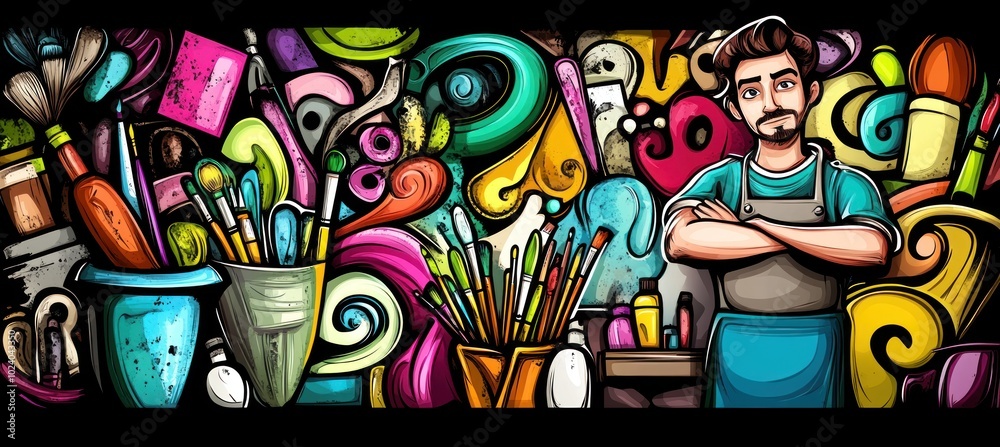 A colorful art studio with a male artist surrounded by various art supplies and tools. A colorful art studio with a male artist surrounded by various art supplies and tools.