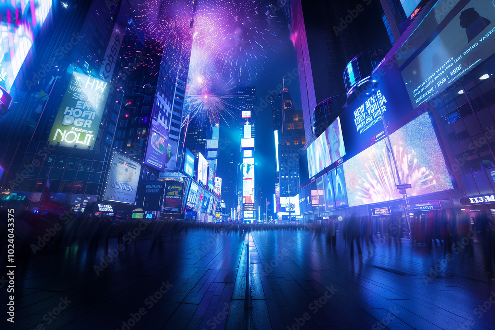 Obraz premium A Bustling New Year’s Eve Party in Times Square with Vibrant Lights and Festivities