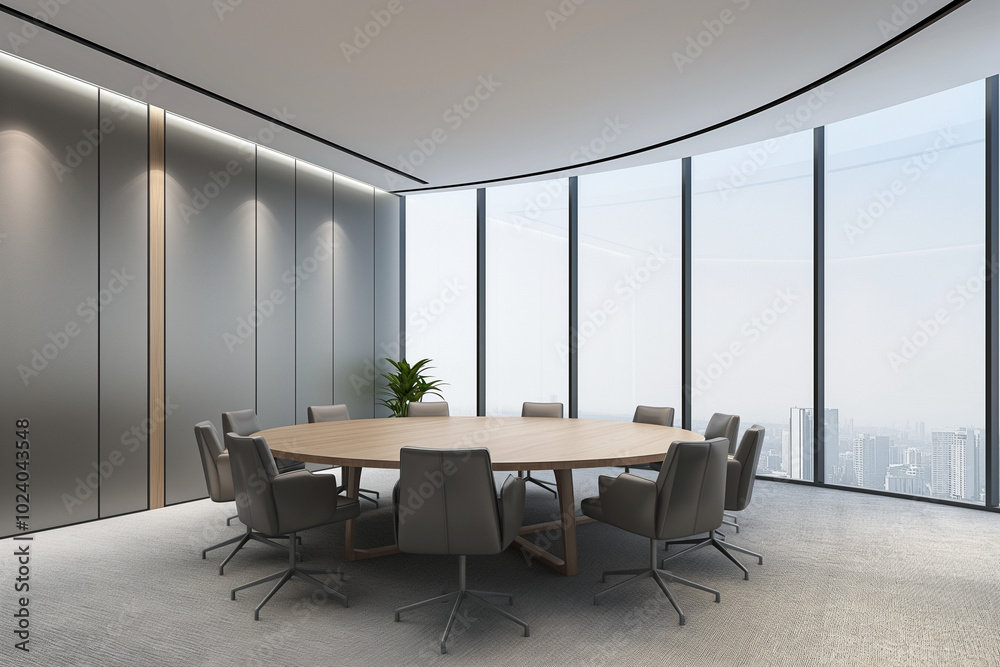 Fototapeta premium Corporate Meeting Room with a Round Wooden Table and Comfortable Leather Chairs