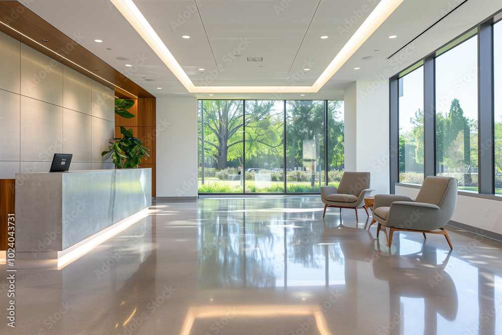 Modern Office Lobby with Minimalist Furniture and Spacious Design Modern Office Lobby with Minimalist Furniture and Spacious Design