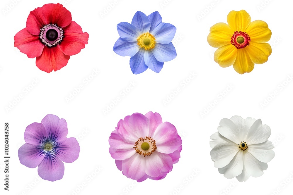 Six Colorful Anemones with Different Petal Shapes Six Colorful Anemones with Different Petal Shapes