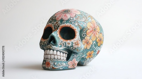 Colorful decorative skull featuring intricate floral patterns, perfect for artistic or cultural themes.