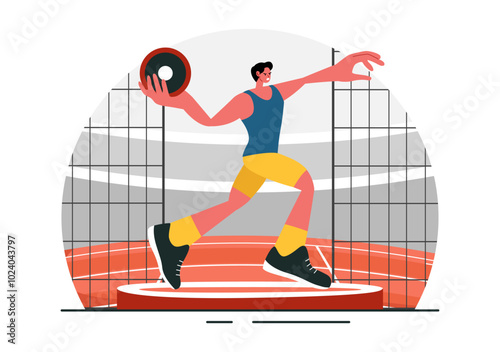 Discus Throw Athletics Vector Illustration featuring an Athlete Throwing a Wooden Disc in a Sports Championship with a Flat Style Cartoon Background