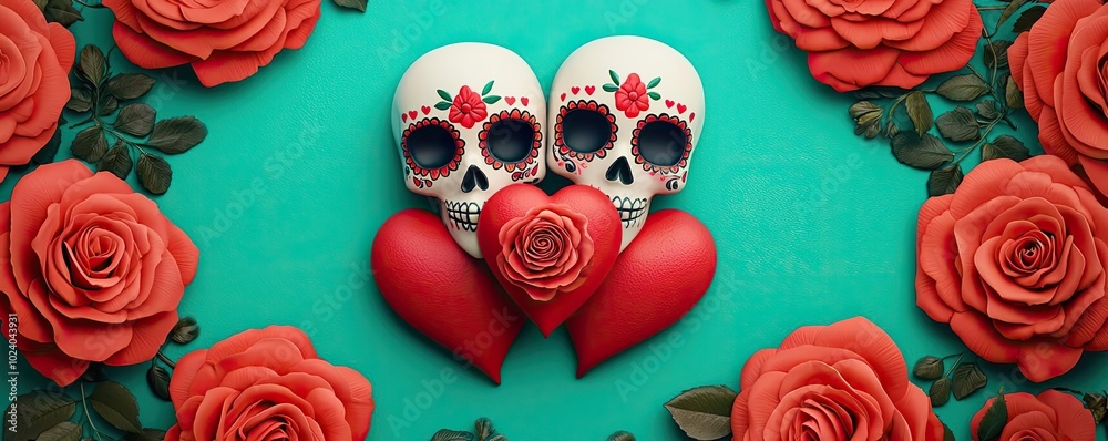 Colorful skulls with roses and hearts create a vibrant celebration of love and life, ideal for festive themes. Colorful skulls with roses and hearts create a vibrant celebration of love and life, ideal for festive themes.