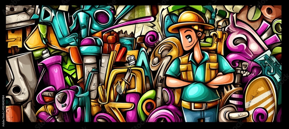 A colorful illustration of a man surrounded by various tools and objects in a cluttered environment. A colorful illustration of a man surrounded by various tools and objects in a cluttered environment.