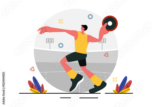 Discus Throw Athletics Vector Illustration featuring an Athlete Throwing a Wooden Disc in a Sports Championship with a Flat Style Cartoon Background