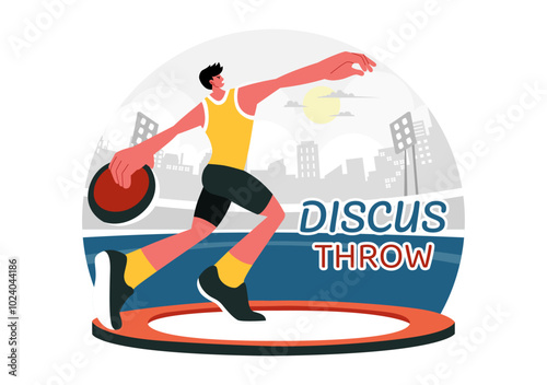 Discus Throw Athletics Vector Illustration featuring an Athlete Throwing a Wooden Disc in a Sports Championship with a Flat Style Cartoon Background