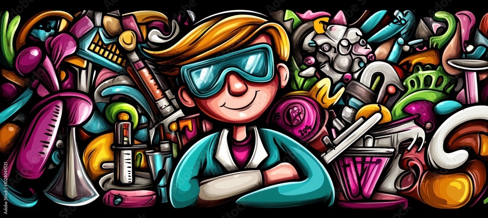 Obraz premium A cheerful cartoon scientist surrounded by various lab equipment and colorful scientific tools.