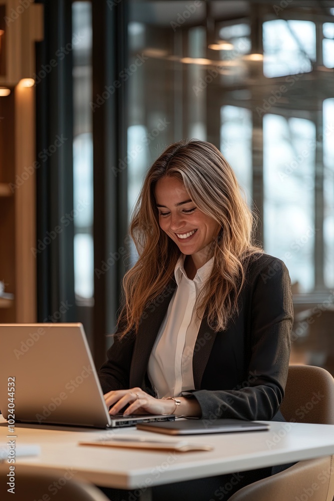 Smiling Woman Working on a Laptop in a Modern Office Setting During Daylight Hours Smiling Woman Working on a Laptop in a Modern Office Setting During Daylight Hours