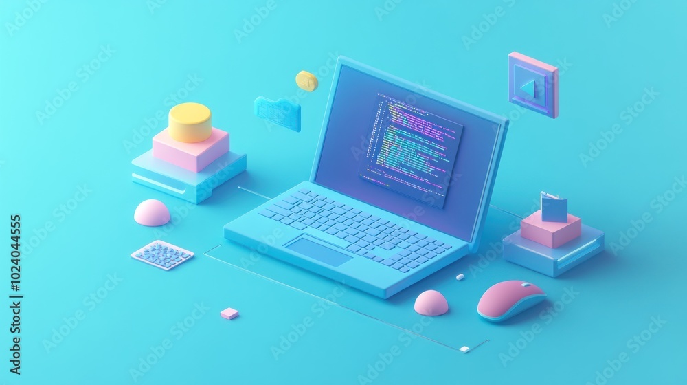 A colorful 3D representation of a laptop with coding on the screen and abstract shapes around it. A colorful 3D representation of a laptop with coding on the screen and abstract shapes around it.