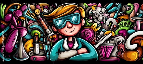 A cheerful cartoon scientist surrounded by various lab equipment and colorful scientific tools.