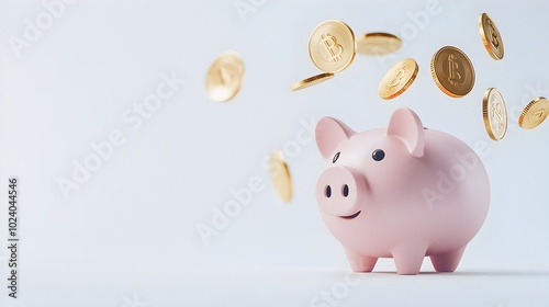 Piggy Bank With Falling Gold Coins Symbolizing Saving and Wealth on Clean White Background Side View for Simplicity and Analogous Color Scheme